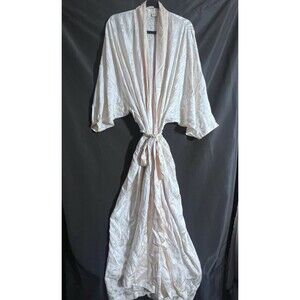 Freesha Women 100% Silk Robe Ivory Cream Floral OS Long Sleeve Kimono Wrap Vtg